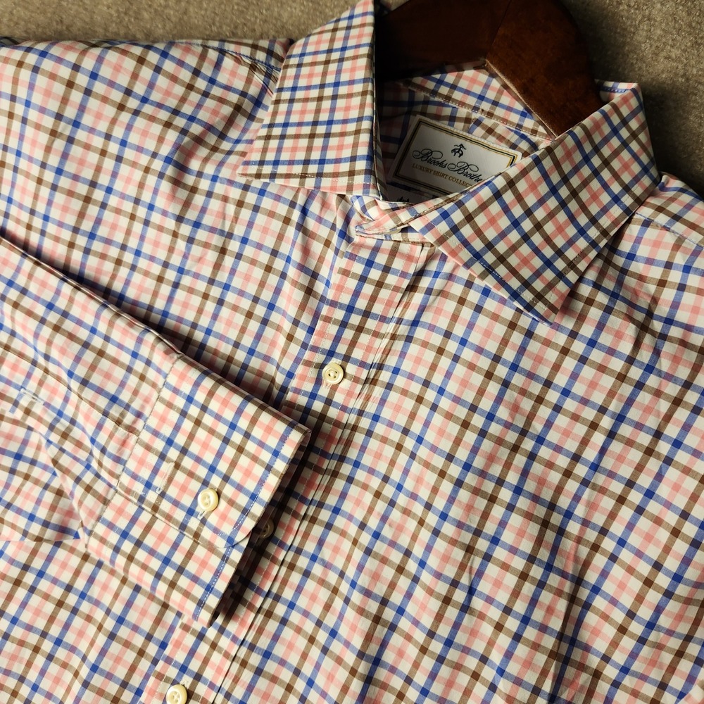 Brooks Brothers Dress Shirt Mens 17.5 36 Blue Pink Check Thomas Mason Regent Fit